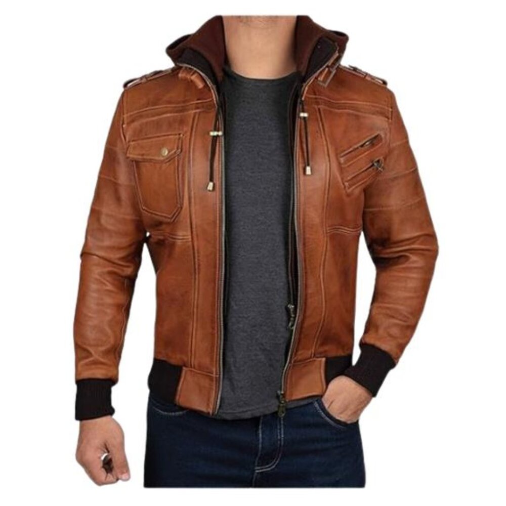 Men's Real Leather Brown Moto Bomber Jacket with Hood- Sizes XS, S